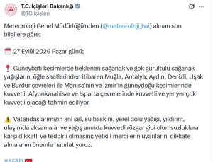İçişleri Bakanlığı 27 Eylül’de güneybatıda ani sel ve su baskınına karşı uyardı