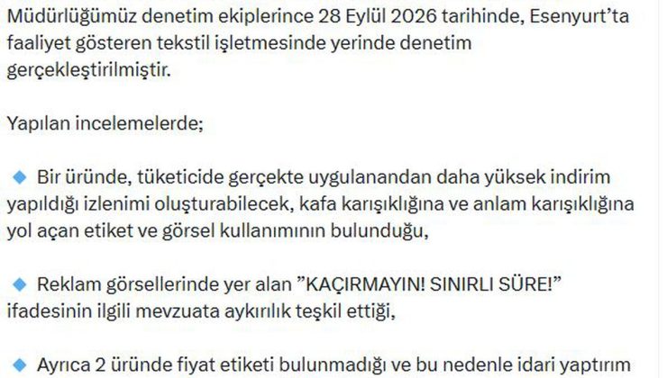 Ticaret Bakanlığı Esenyurt’ta tekstil firmasına idari yaptırım uygulandığını bildirdi
