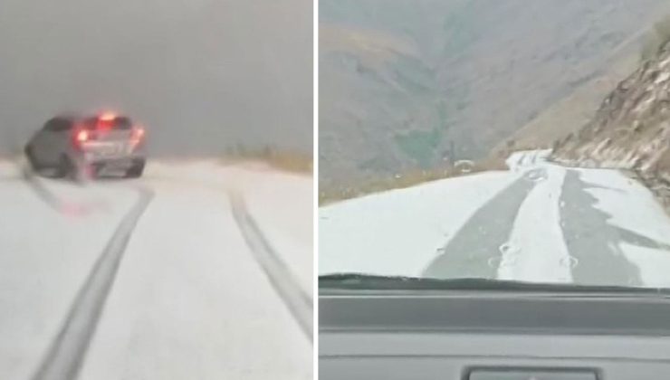 Malatya’da dolu yağışı yolları beyaza bürüdü